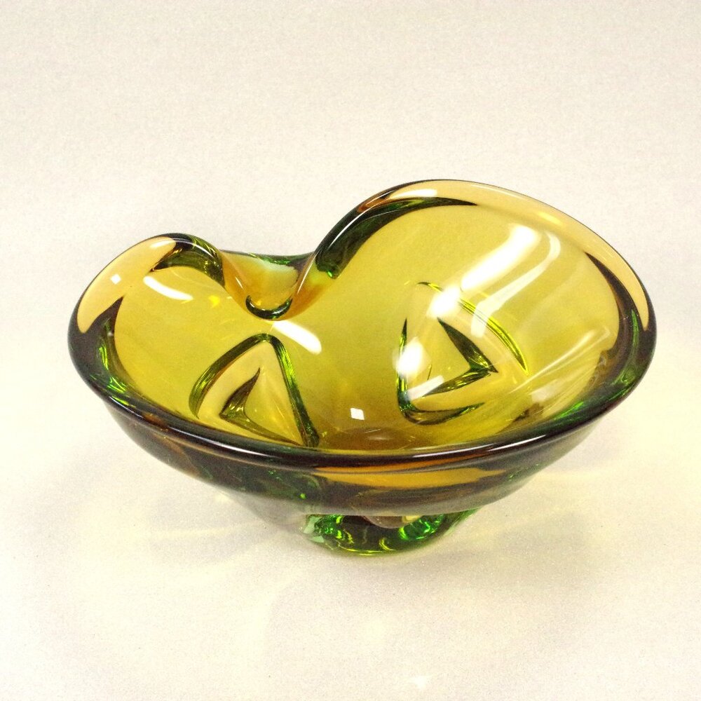 Vintage Skrdlovice Czech Bohemian Art Glass Green and Amber Bowl Cased Glass
